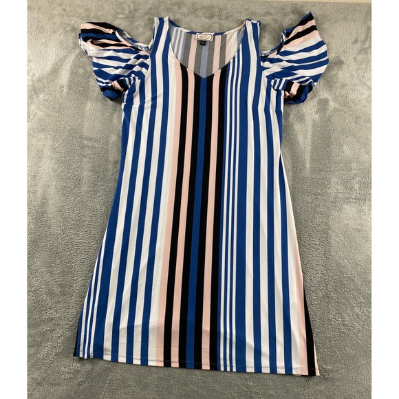 Ivy Road Dresses & Skirts - Ivy Road Womens Blue Pink Striped Cold Shoulder V-Neck Flutter Sleeve Dress M